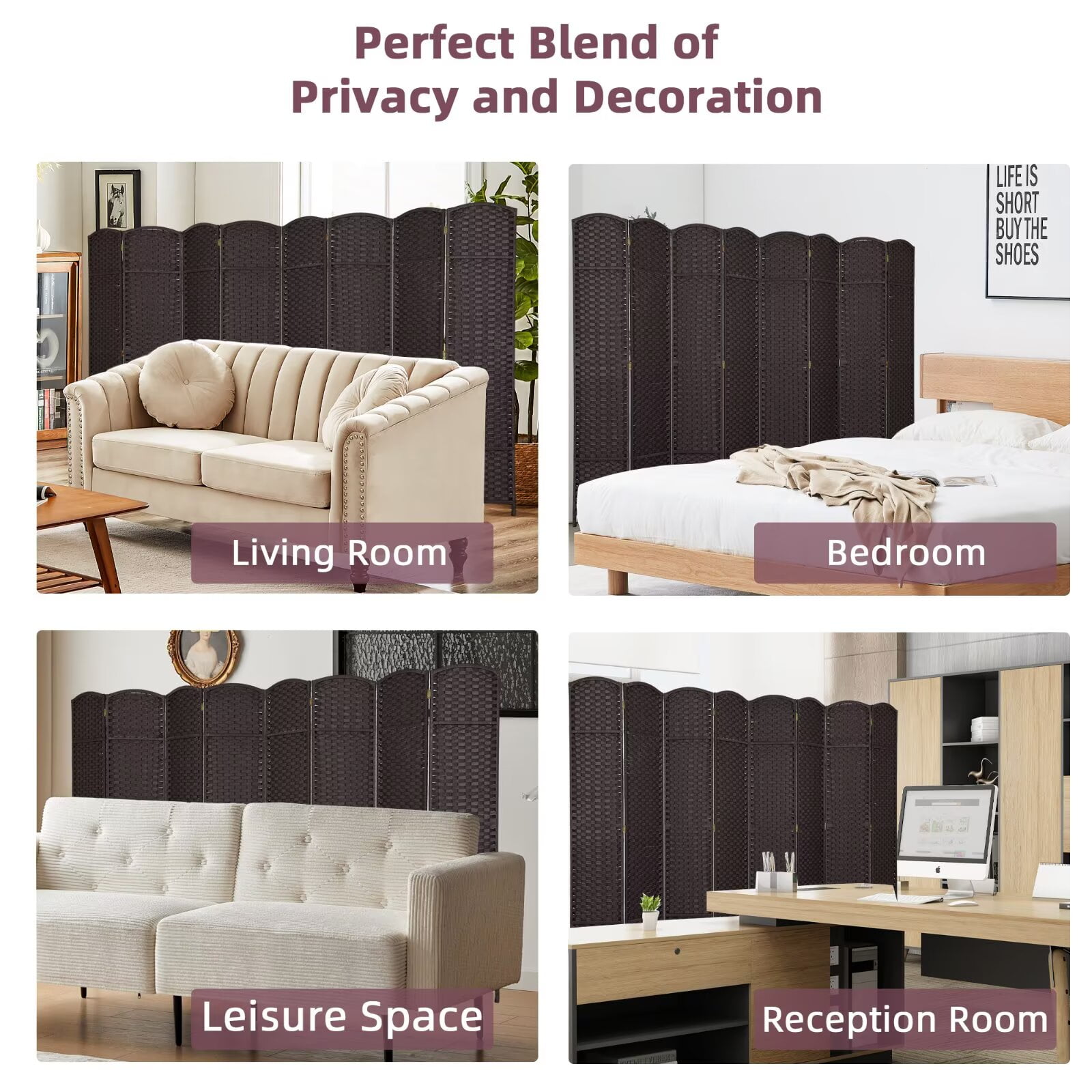 YRLLENSDAN 8 Panels Folding Portable Room Dividers, Free Standing Indoor and Outdoor Privacy Screens for Patio, 66.9 Inches Tall Chinese Wall Divider for Room Separation, Brown