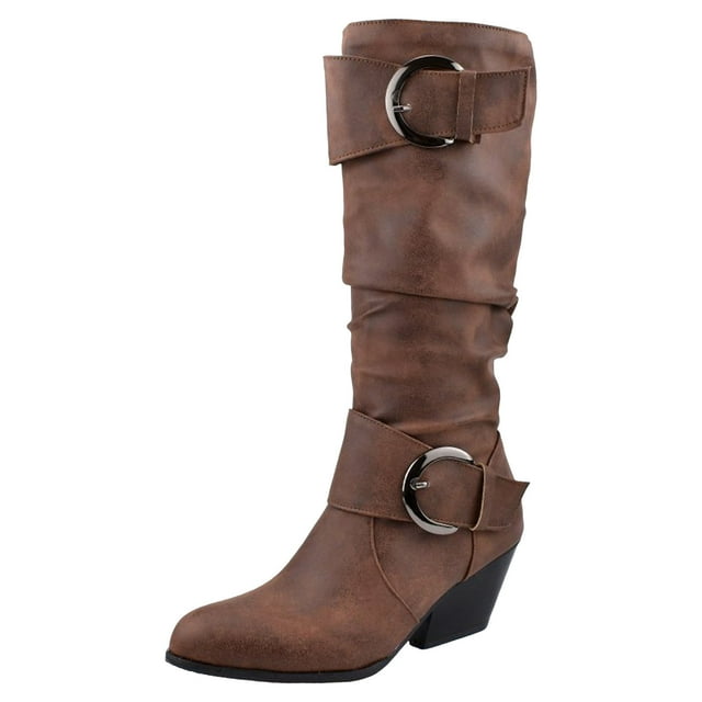 Slouchy Mid Calf Boots for Women Trendy Leather Pointed Toe Chunky Heel Buckle Knee High Riding Tall Boots