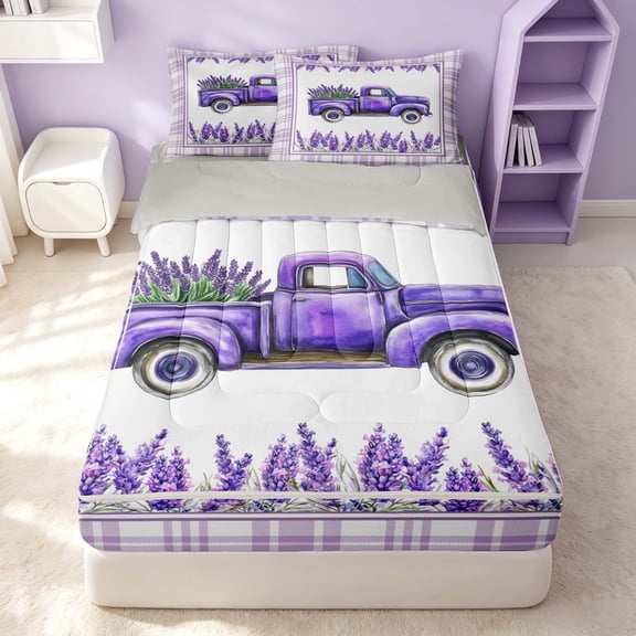 Erosebridal Cute Lavender Zipper Full Size Comforter Sets with Fitted Sheet and 2 Pillowcases, Botanical Floral Zipper Bedding Set, Gray Reversible, Violet White, Gray Reversible