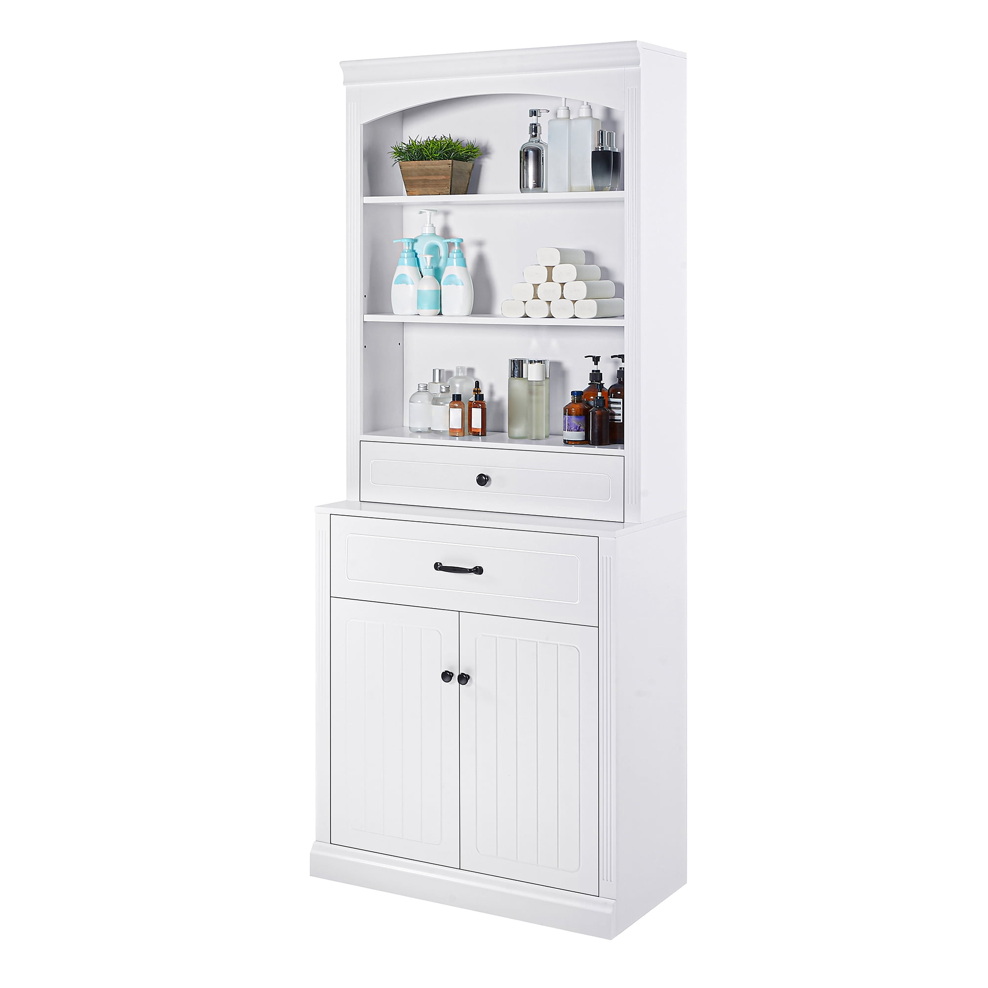 Euroco White Bathroom Storage Cabinet with Two Doors, Drawers, Adjustable Shelf & Three Open Shelves – Durable MDF Construction
