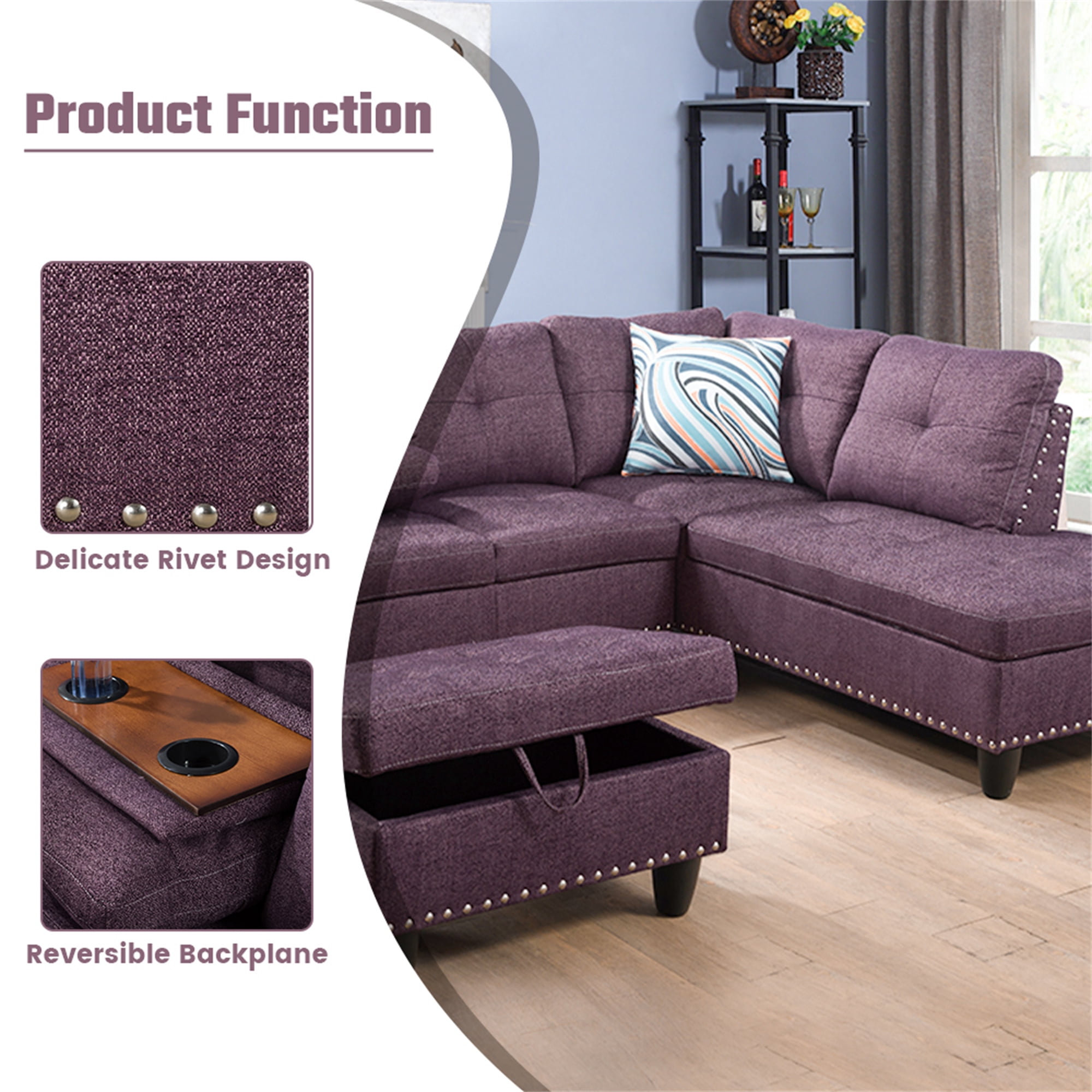 Aukfa 3 Piece Sectional Sofa, Living Room Couch with Storage Ottoman&Cup Holder, Linen, Right Hand, Purple
