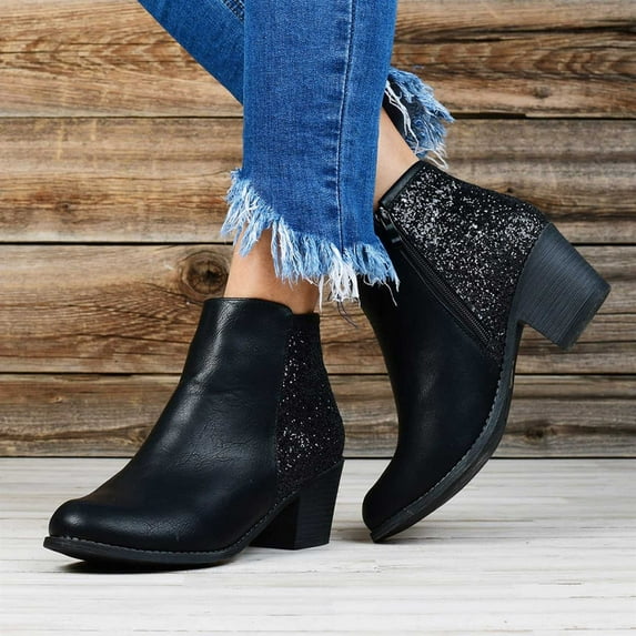Tejiojio Clearance Woman Winter Plus Size Leather Boots High Heeled Thick Heel Sequined Booties Ladies Short Boots