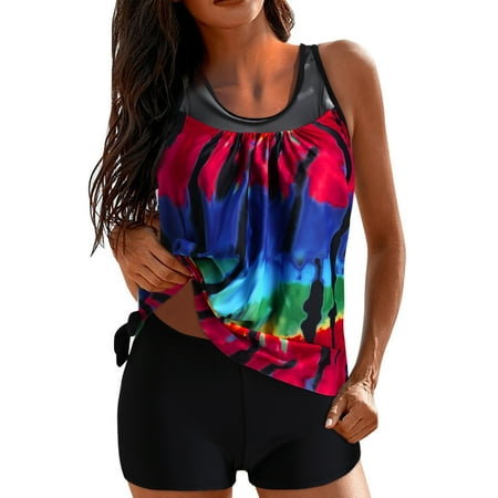 IDALL Tankini Swimsuits Bathing Suit Two Piece Tankini Swimsuits For Dot Printed Tank Top With Boyshorts Tummy Control Bathing Suits Swim Suits for Women Camisole Tops Wine M(Clearance Sales)