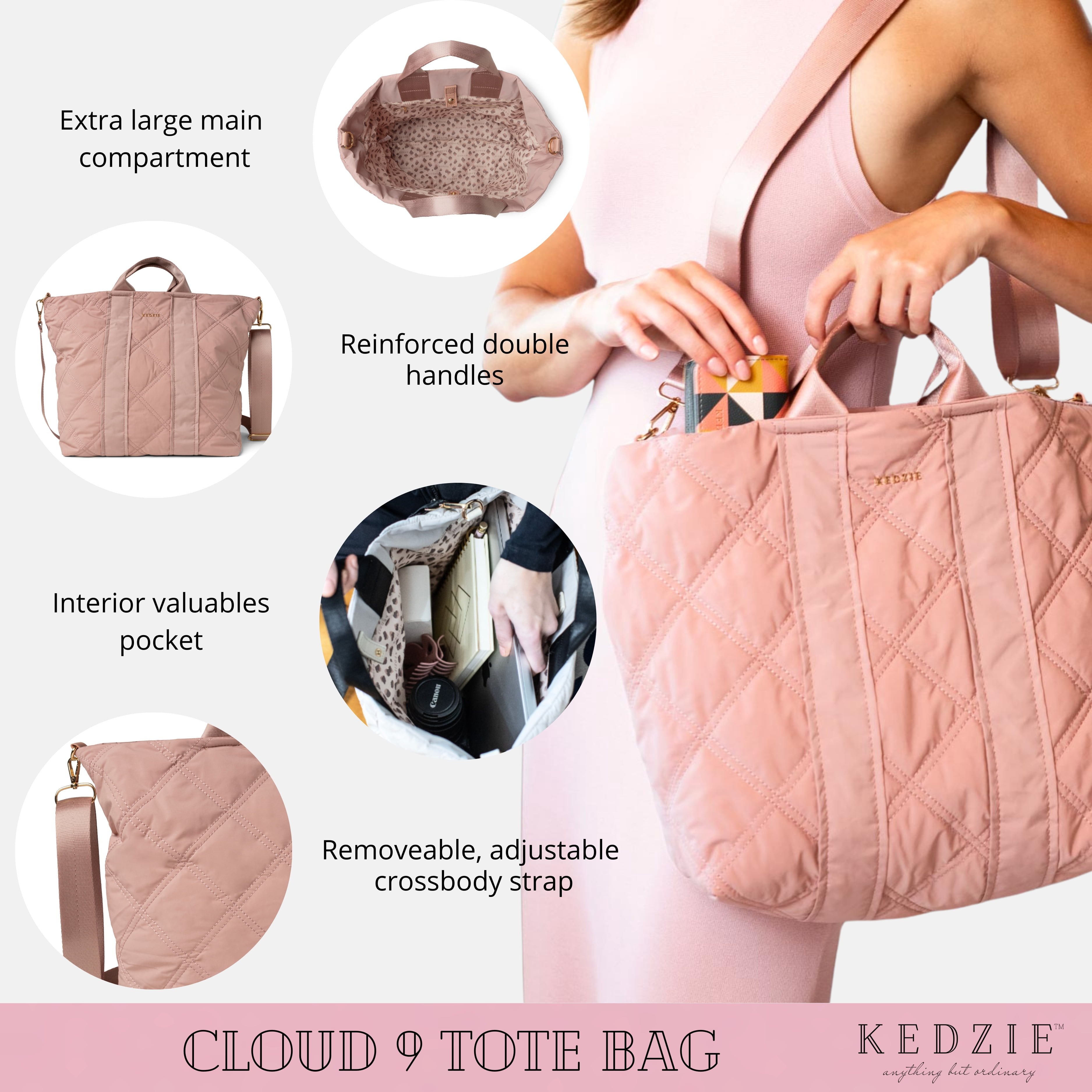 Kedzie Cloud 9 Tote Bag Quilted Puffer Crossbody Purse, Mauve (Women's)