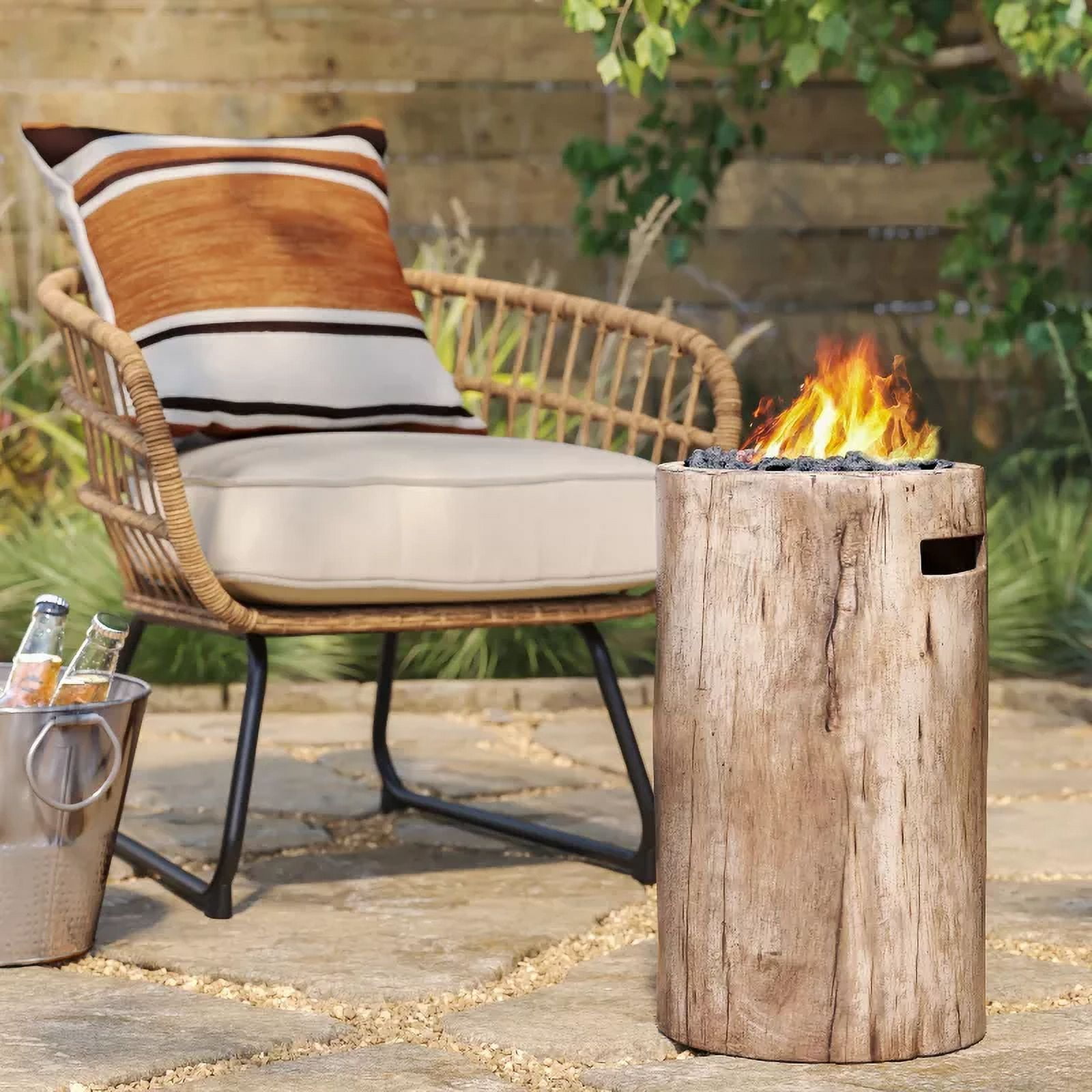 Fire Pit Weather/Natural Finish Small LP Round Outdoor Fire Column Natural Heat-Resistant, No Assembly, Lava Rock Included