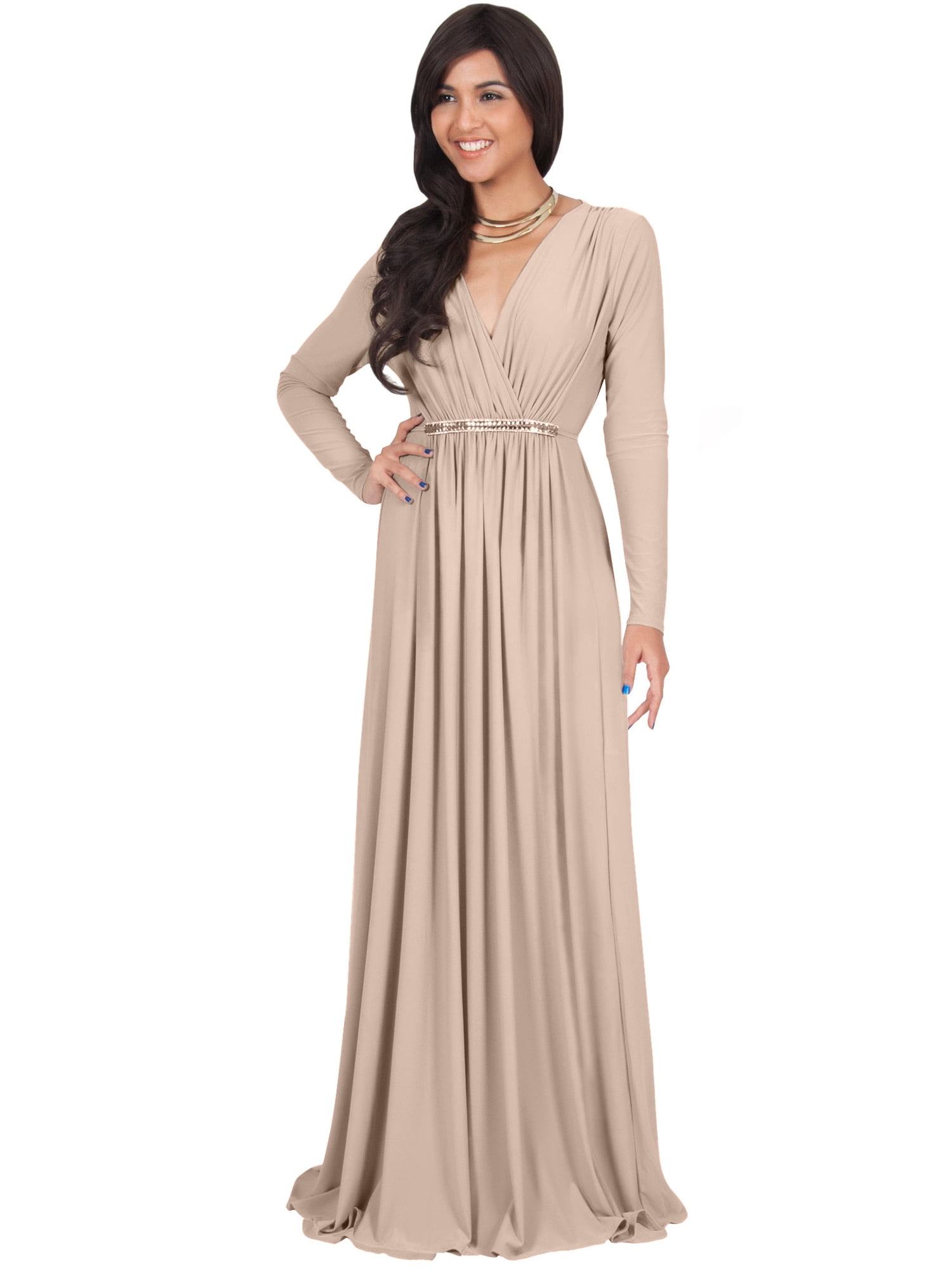 Koh Koh Long Sleeve Modest Fall Winter Evening Flowy Empire Waist Full Floor Length Cocktail 8855