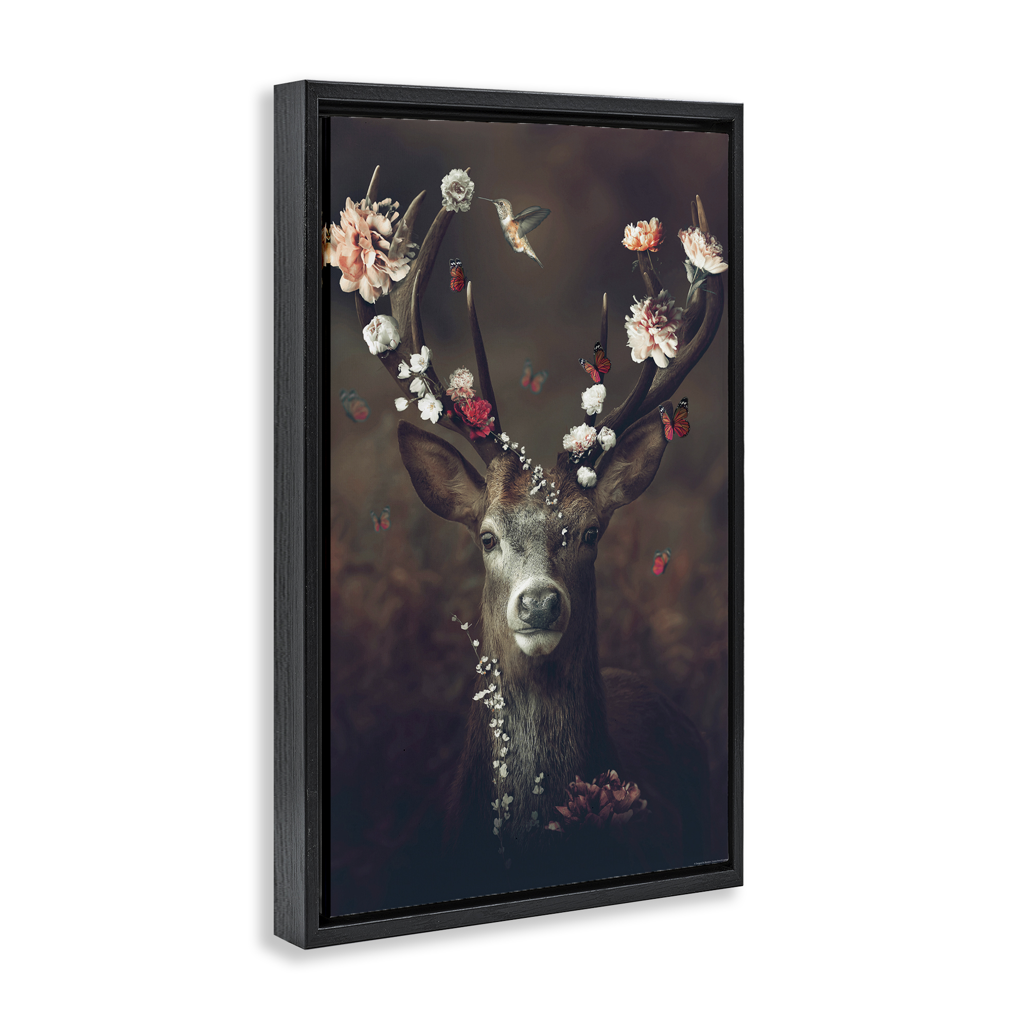 Stupell Industries Flower Bedecked Antlers Animals Painting Black Floater Framed Canvas Art Print Wall Art, 21 x 31