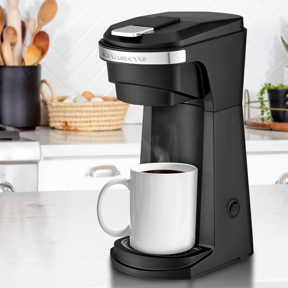 OVENTE Single Serve Coffee Maker with One-Touch Control and Reusable Filter, Instant Brewing Machine for Ground Coffee or Capsule, 14 Oz One Cup Coffee Brewer Ideal for Home or Office, Black CMK42B