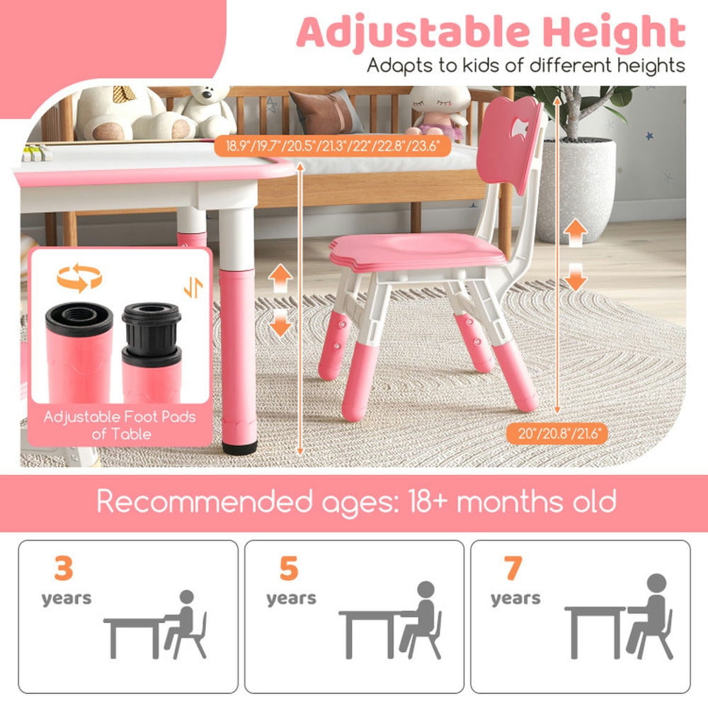 Resenkos Kids Table and Chairs Set for 4 with Graffiti Desktop-Pink, Small Folding Table for Arts & Crafts, Snack Time, Homeschooling, Homework