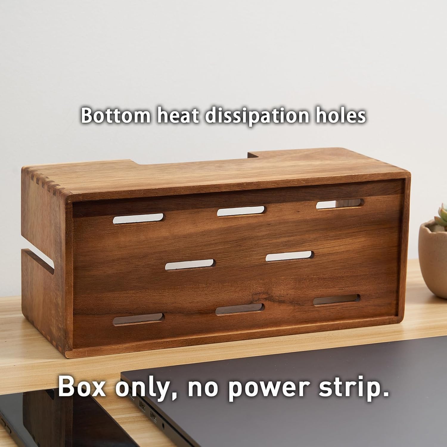 Acacia Wood Cable Management Box, Wooden Cord Hider & Organizer for Power Strip, Electrical Hiding, TV Wires, Desk & Floor Cables
