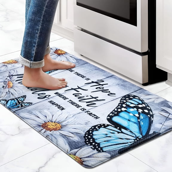 RLESO Kitchen Mats for Floor Butterfly Floral Rug Anti Fatigue Daisy Non Slip Washable