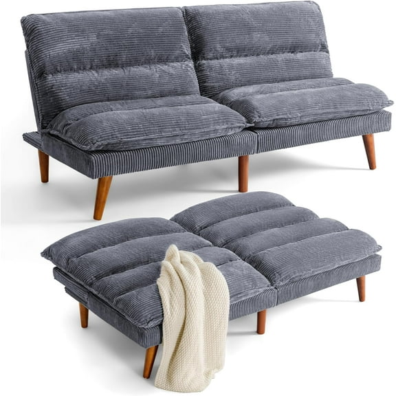 Flamaker Convertible Futon Sofa Bed Futon Couch with Adjustable Back Upholstered Sleeper Sofa Bed for Living Room Furniture (Corduroy,Grey)