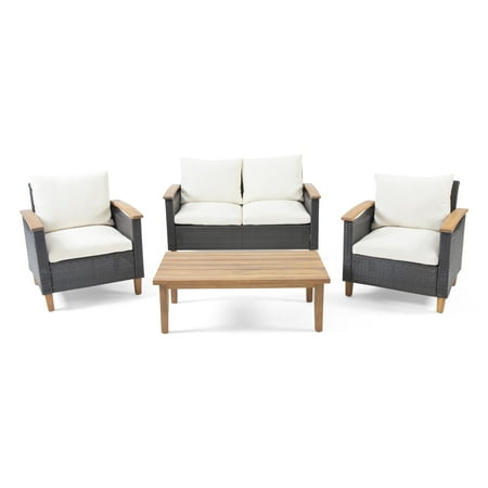 Siena Outdoor 4 Seater Chat Set with Coffee Table, Multi-Brown, Beige, Teak