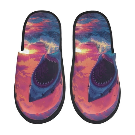 Balery Hawaiian Island Beach Shark Slient Indoor Furry Fleece Comfort House Shoes Soft Non-Slip Home Shoes Cotton slippers House Slippers-- Large