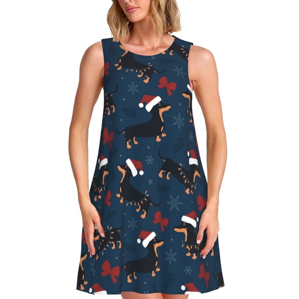 Fotbe Christmas Dachshund Vestido de Verano sin Mangas para Mujer – Vestido Midi Línea A, Estilo Camiseta Floral, Vestido Playero Casual y Fluido