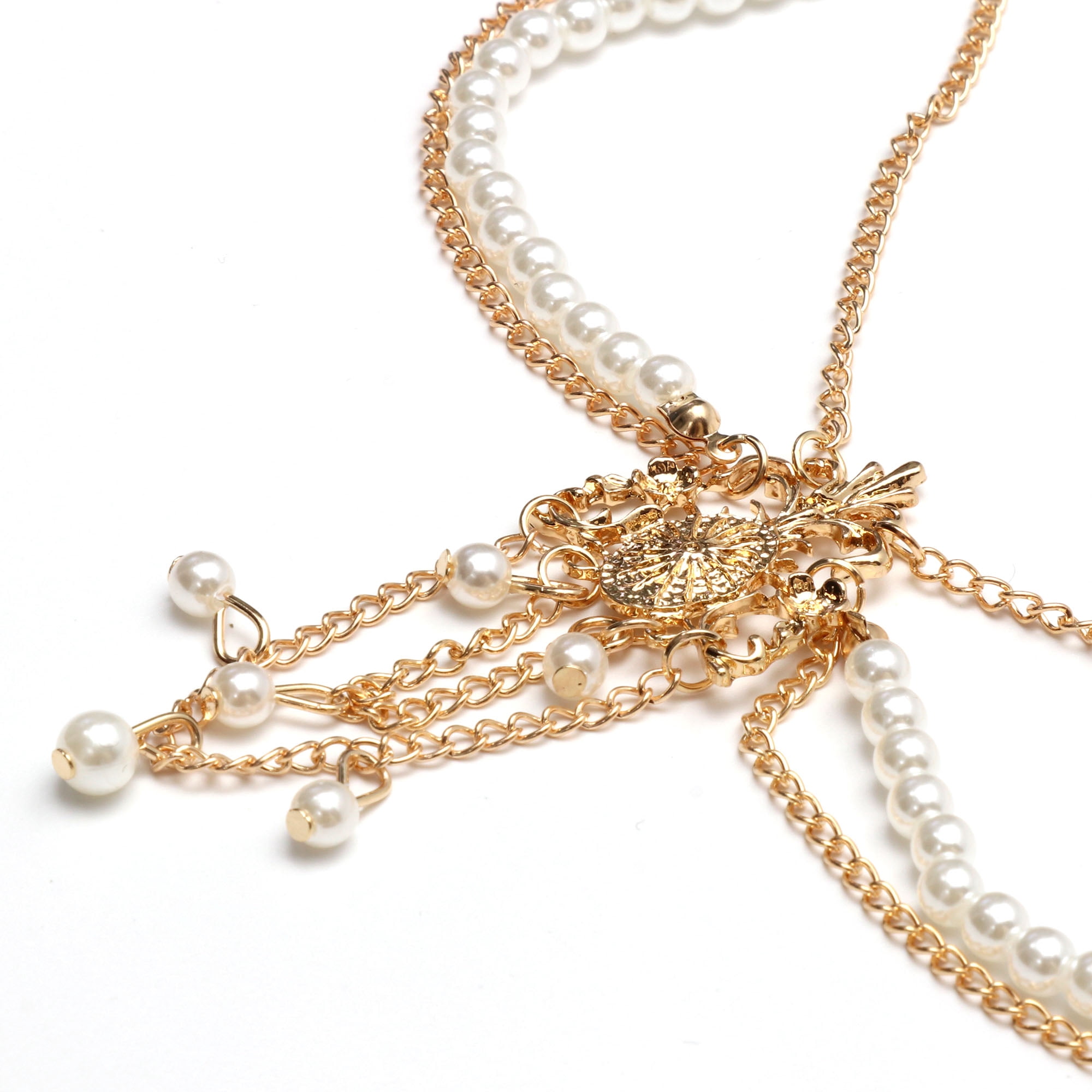 Unique Bargains Headpiece Vintage Rhinestone Faux Pearls Head Chain Gold Tone 1 Pc