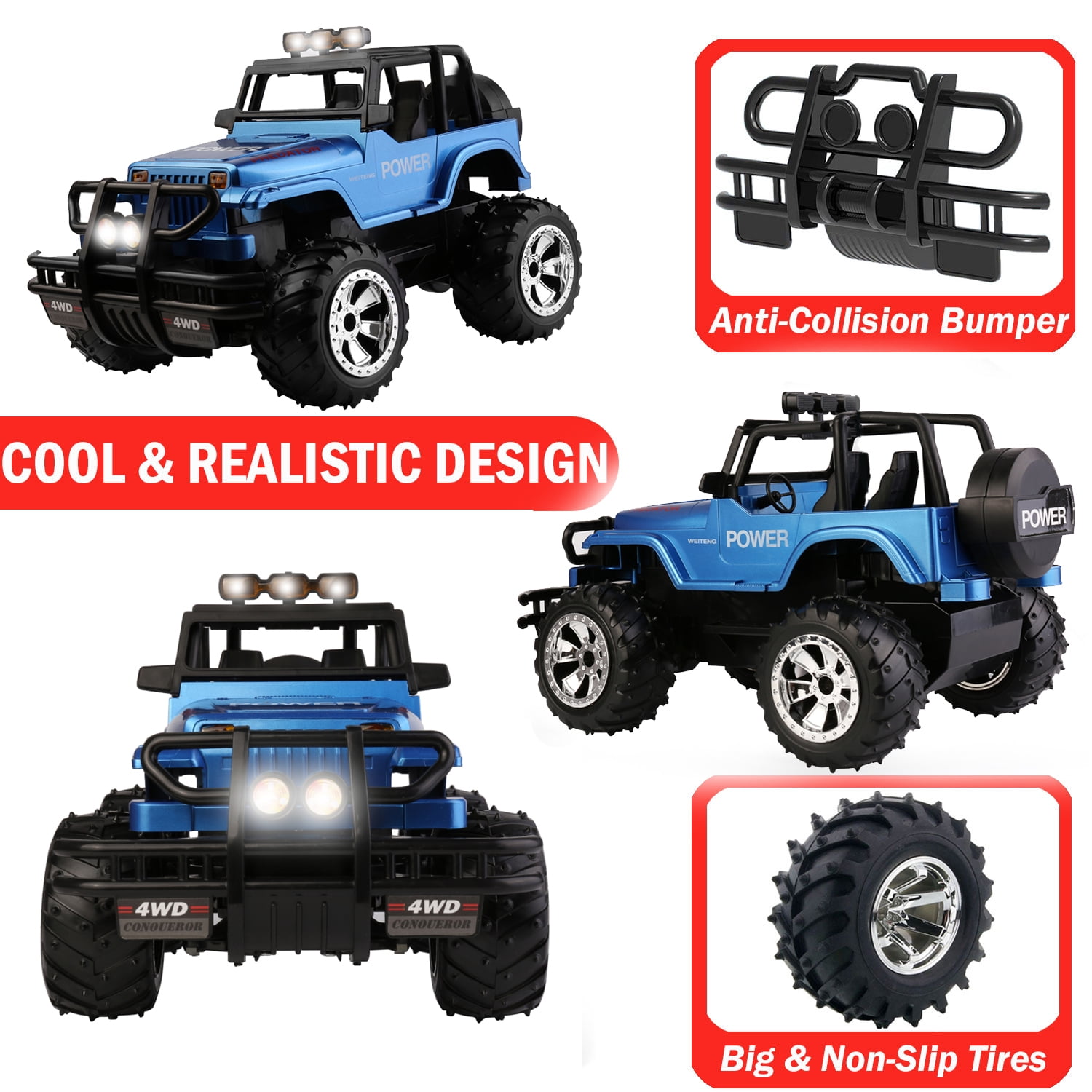 4WD Red RC Truck – Electric Jeep-Style Off-Road Radio Control Car for Kids Ages 3+