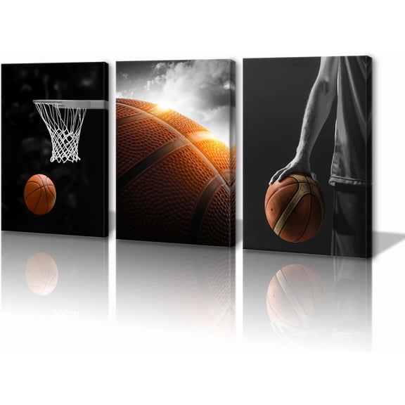Hieng -Basketball Art Prints Black and White Wall Art Antique Basketball and Low Angle View Basketball Hoop Sport Canvas Art for Bedroom Gym Room Decoration Boys（Only canvas）