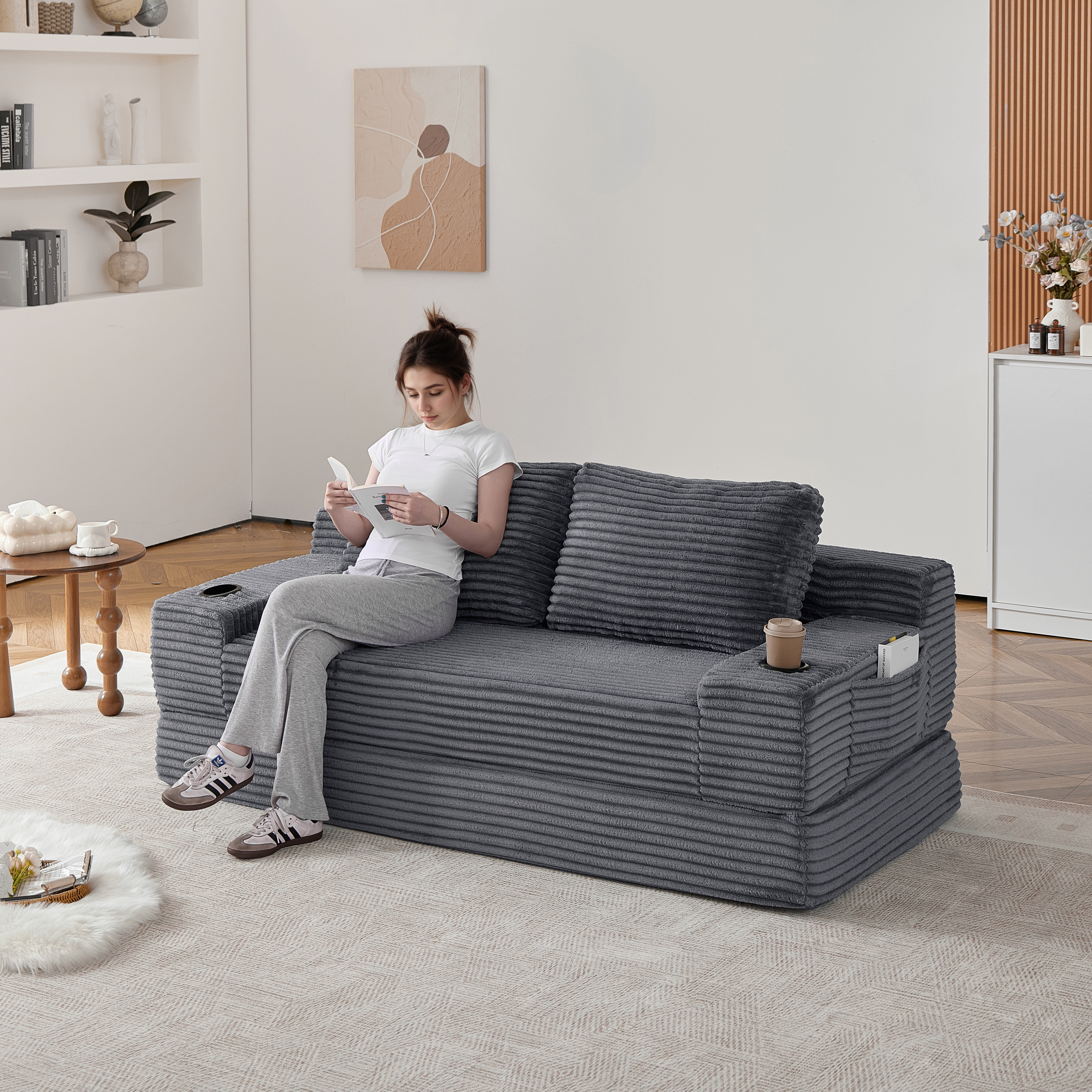 Leumius Futon Sofa Bed,Convertible Corduroy Boneless Couch with Cup Holders & Pocket,2-in-1 Foldable Sleeper Sofa for Living Room, Small Spaces, Bedroom, No Assembly,Gray