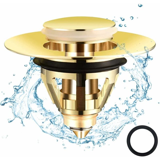 Tapa emergente para fregadero con filtro antibloqueo, tapa de desagüe irreversible, tapa independiente para fregadero, tapa para bañera (dorada, 34-38 mm) HA