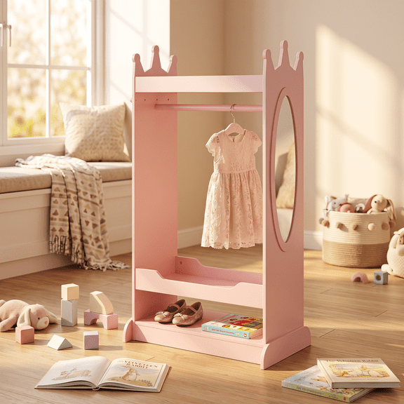 PAWON Kids Armoire Wardrobe Closet with Mirror and Hanging Rack, Wood Armoire with Shelves for Girls
