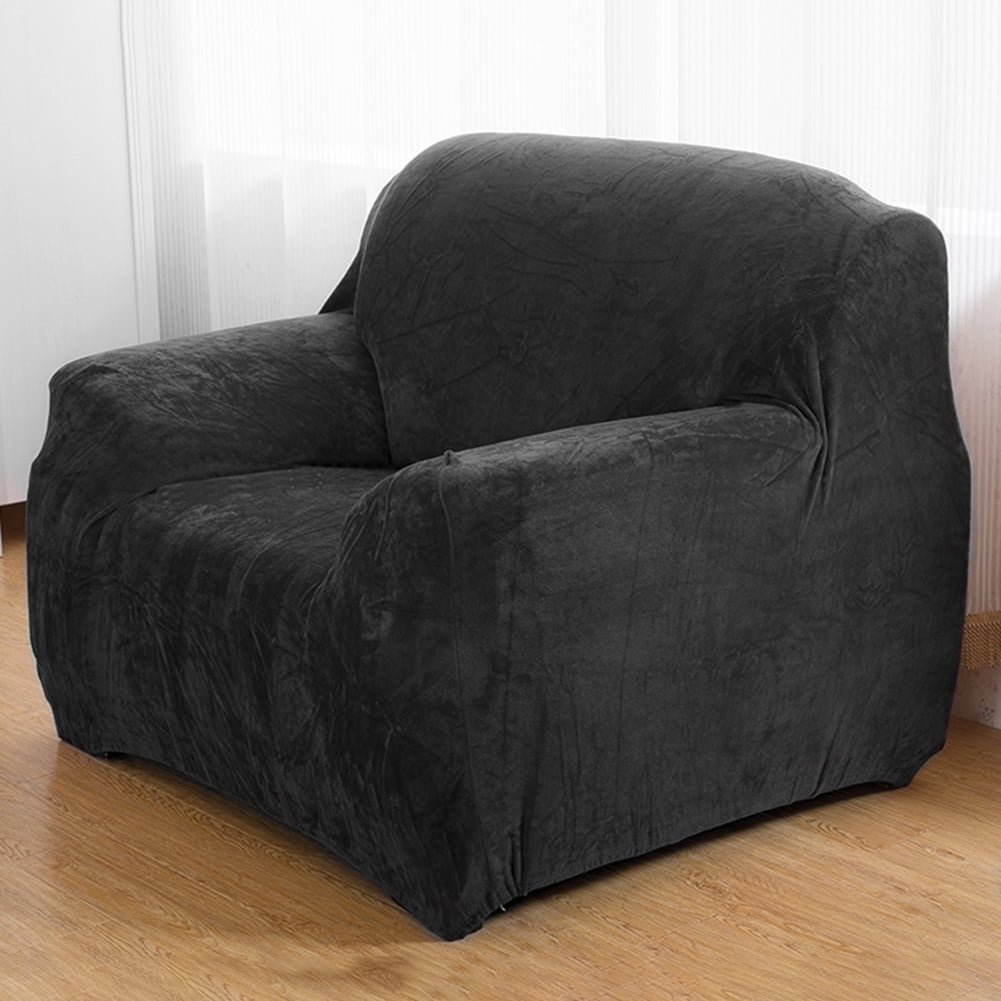 Thick Velvet Sofa Covers 1/2/3/4 Seater Pure Color Sofa Protector Stretch Non Slip Couch Cover Easy Fit Elastic Fabric Stretch Couch Slipcover(Black, 1-Seater Sofa)
