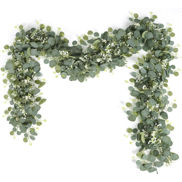 Nvzi Guirnalda de eucalipto con flores blancas, 2 paquetes, 5,9 pies, hojas de eucalipto de dólar de plata, guirnalda de gypsophila, enredaderas de vegetación artificial