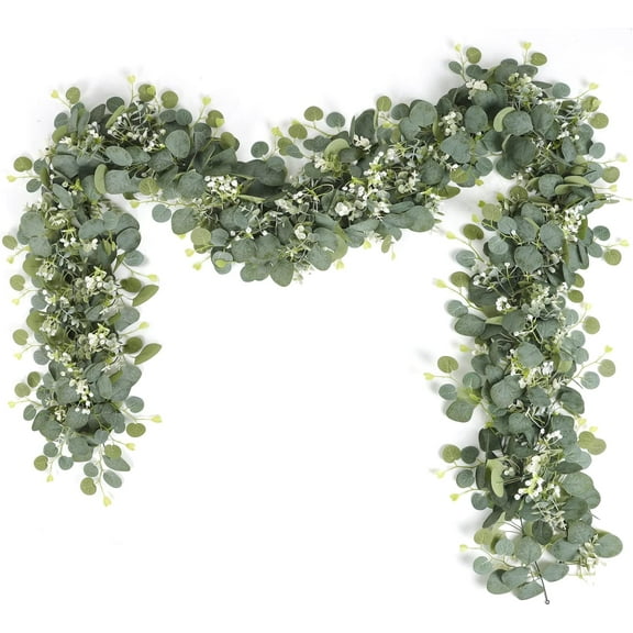 Nvzi Eucalyptus Garland with White Flowers 2 Packs 5.9Ft Silver Dollar Eucalyptus Leaves Gypsophila Garland Artificial Greenery Vines