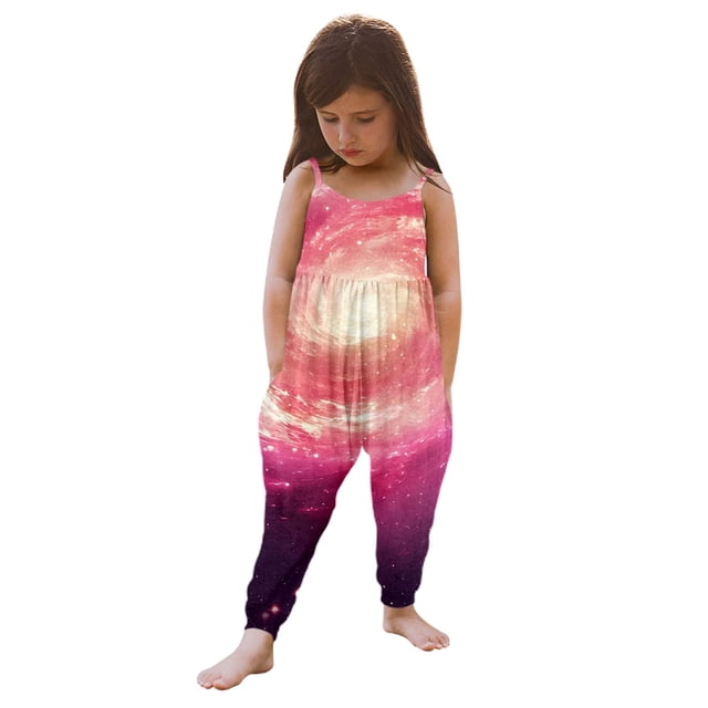 MIASHUI Combinaisons pour Filles Décontractées Imprimé Ciel Étoilé Sans Manches Combinaisons Amples, Rose, 3-4 Ans