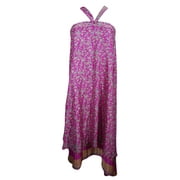 Mogul Women's Wrap Skirt Pink Floral Print Silk Sari Reversible 2 Layer Summer Halter Dress