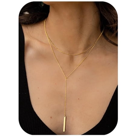Turandoss Lariat Necklace for Women Dainty Layered Y-Shaped 14K Gold Plated Bar Pendant Necklaces Long Simple Drop Chain Jewelry Trendy Gift