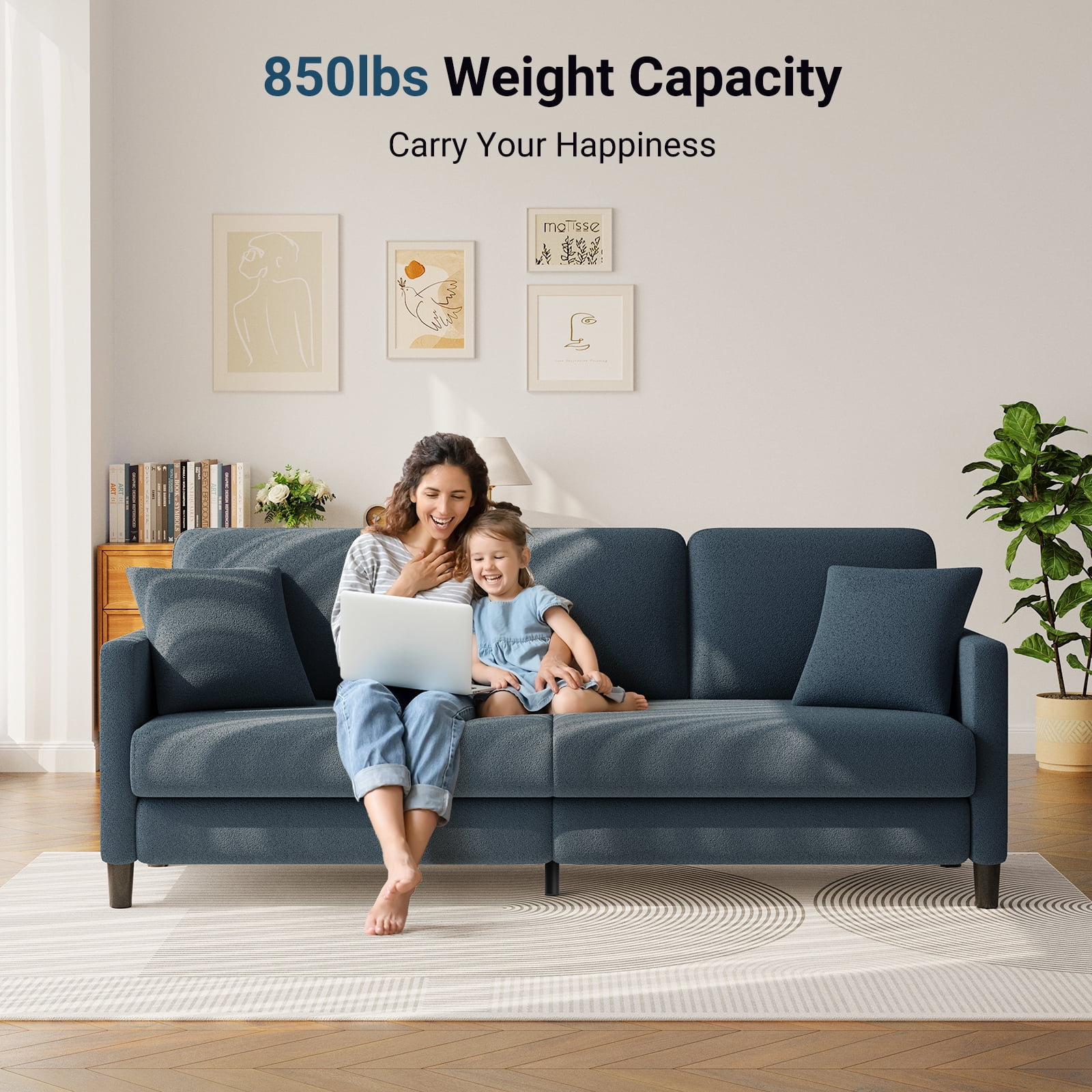 83" Sofa Couch for Living Room,Comfy Teddy Fleece Loveseat Sofa,Extra Deep Seat Couches ,Neche Tool-Free Setup Love Seat with 2 Pillows,Blue Grey