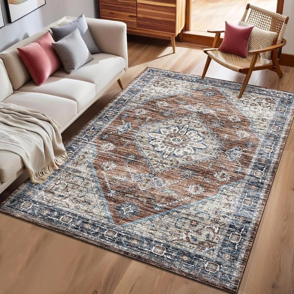 Washable Vintage 9x12 Large Living Room Area Rug Retro Accent Dining Room Rugs Distressed Floral Print Floor Cover Low Pile Traditional Throw Carpet Foldable Thin Mat for Kitchen, Red