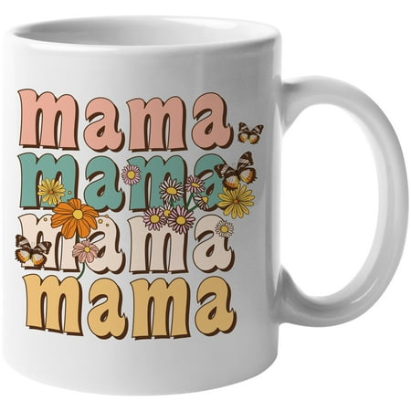 

Mama with Butterflies & Flowers Retro Mother s Day Art Merch Gift White 11oz Ceramic Mug