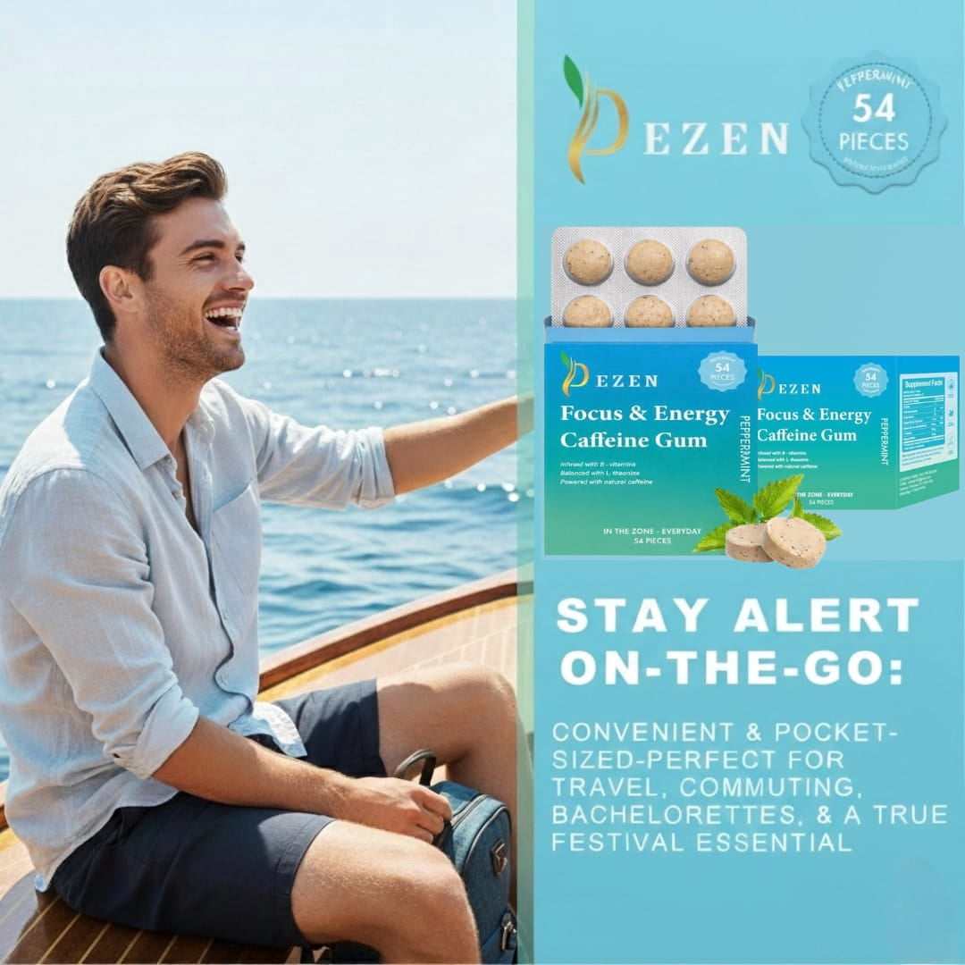 DEZEN Focus & Energy Caffeine Gum with L-Theanine, Caffeine, Vitamin B12 & B6, Peppermint Flavor, Coffee Replacement, Pack 3