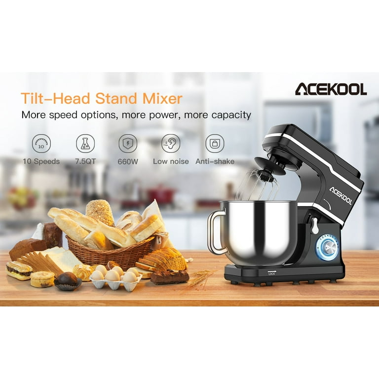  Stand Mixer, 7.5QT Kitchen Electric Food Mixer 10-Speed  Tilt-Head Dough Mixer for Baking&Cake, with Stainless Steel Bowl, Whisk,  Dough Hook, Beater, Splash Guard (660W) BLACK MC1: Home & Kitchen