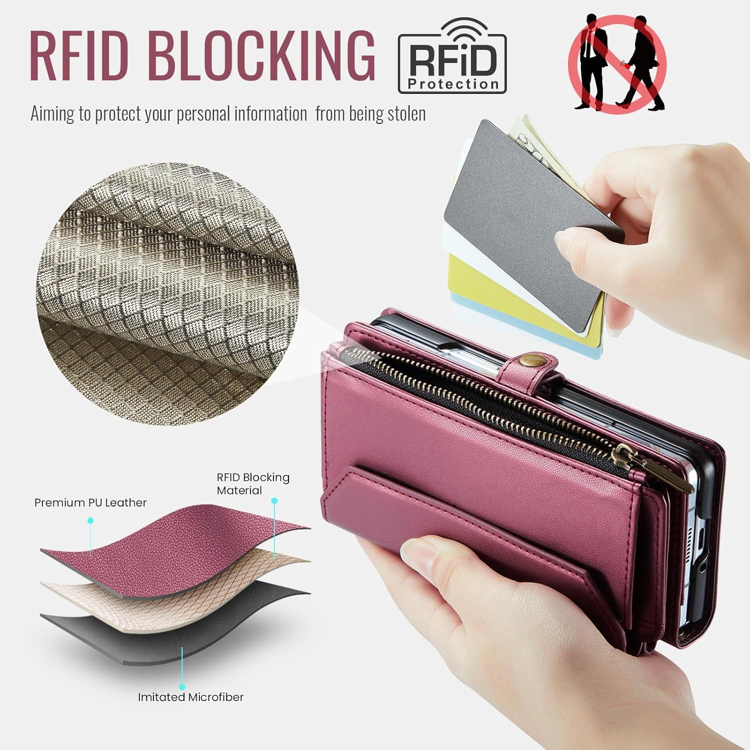 Phone Case for Samsung Galaxy Z Fold 4 5G 2022 Zipper Wallet Cover with S Pen and Leather Flip RFID Blocking Card Holder Stand Cell Accessories ZFold4 Z4 Fold4 4Z ZFold45G Women Girls Wine Red