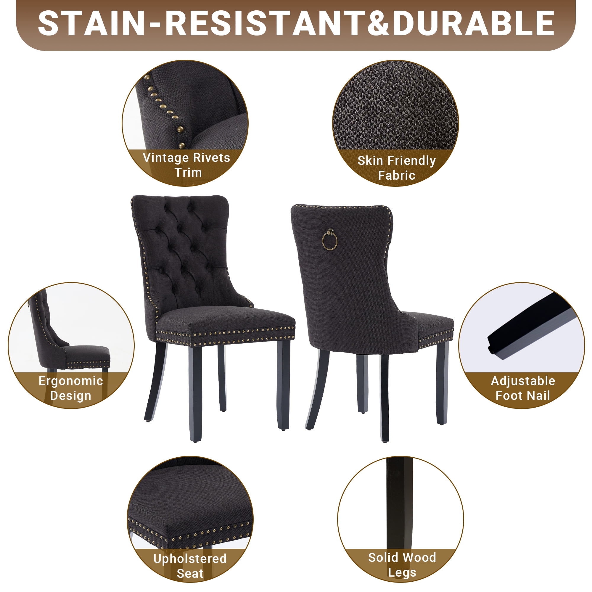 Upholstered Dining Chairs Set of 2, Segmart Modern Fabric Dining Room Chair with Nailhead Trim and Wood Legs, Mid-Century Accent for Living Room, Kitchen, Black
