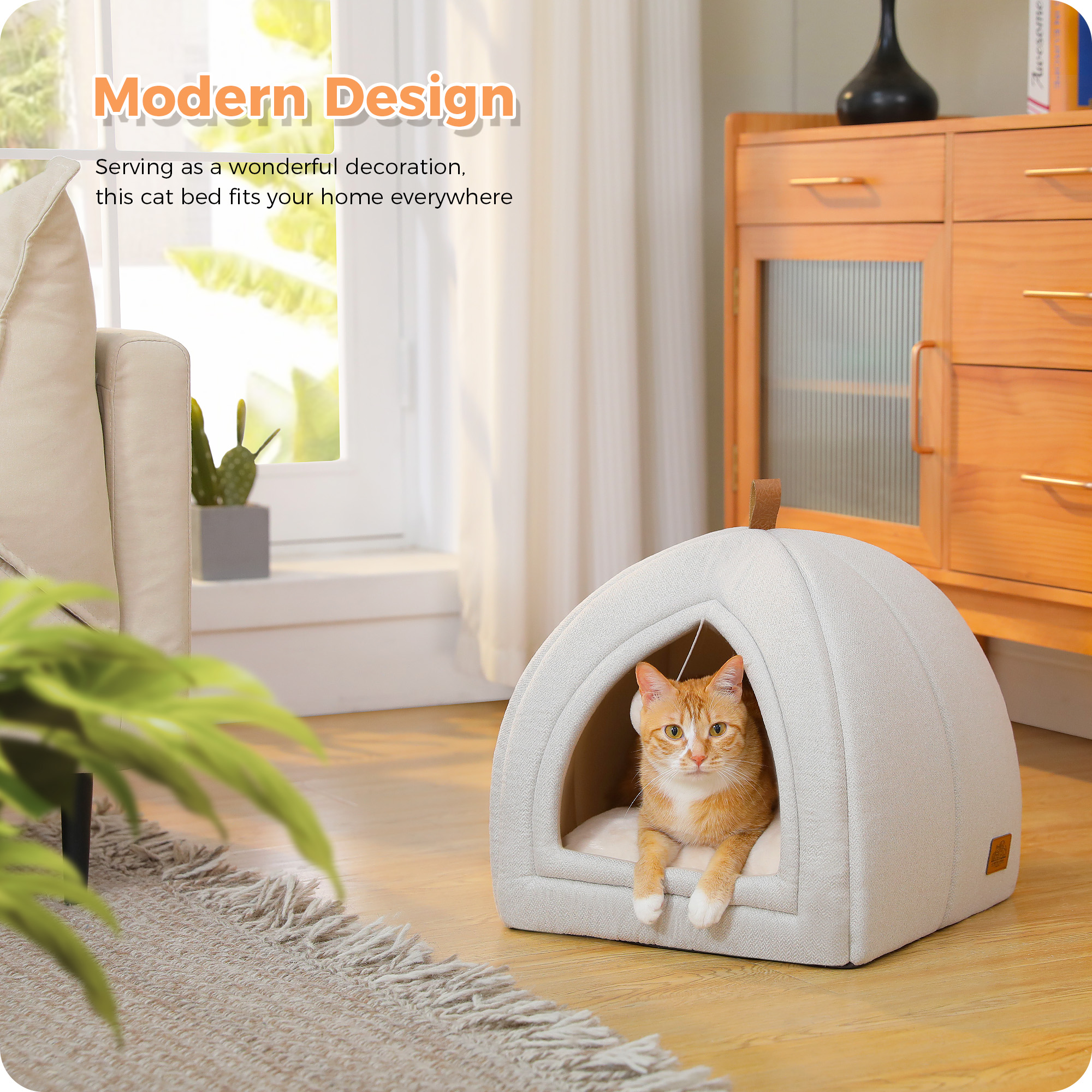 PAWZ Road 2 in 1 Cat Bed Foldable Pet Cave for Indoor Pet Cat House for Kittens and Dogs Beige