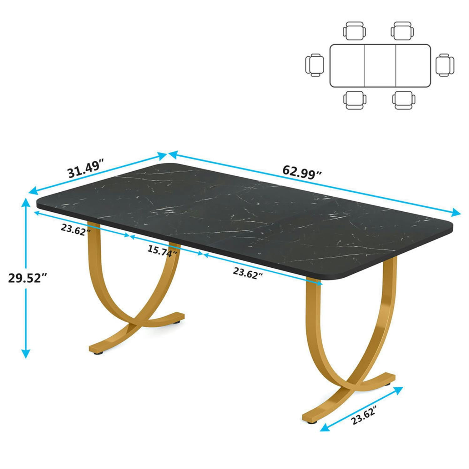 Demi Bonn 63" Modern Rectangular Dining Table for 4-6 People, Kitchen Dinner Table with Faux Marble Table Top for Dining Room, Home, Black