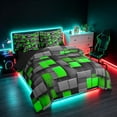 thumbnail image 2 of Manfei 3D Geometric Cubes King Bedding, Gray Bright Green Checkered King Bed in a Bag, Black Reversible 7 Pieces, 2 of 6