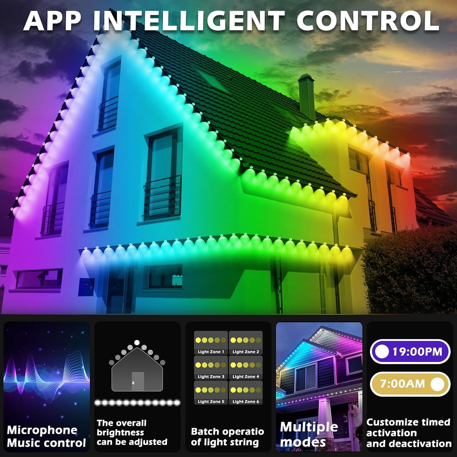 CHARKEE 100FT Permanent Outdoor Lights for House, RGB LED Eaves String Lights with 63 Scene Modes APP/Remote Control Under Eave Lighting Decor