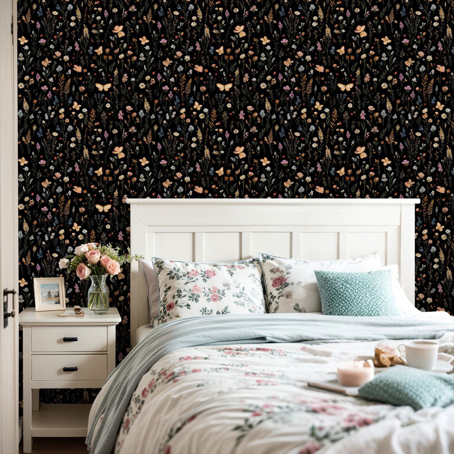 Peel and Stick Wallpaper Floral Wildflower Butterflies Black Vintage Botanical 24in x 118in Contact Paper Removable Self Adhesive Wall Mural Wall Decor for Bedroom Kitchen Cabinets