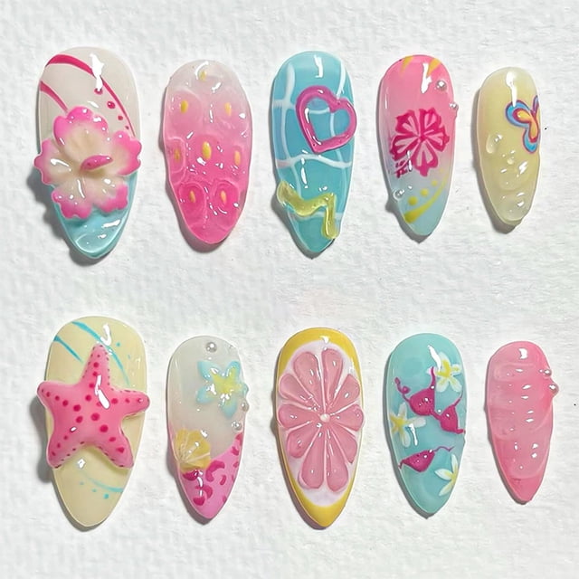 Uñas BSBTBZ 30 piezas tamaño mediano almendra con diseños 3D de verano