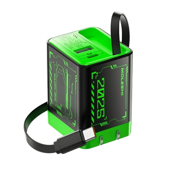 Gallickan 3-in-1 Retractable Charger, 67W Max Fast Charging Wall Plug with USB C Cable and 2 USB Ports, Compact Foldable Design for Phone Laptop and Tablet, Green