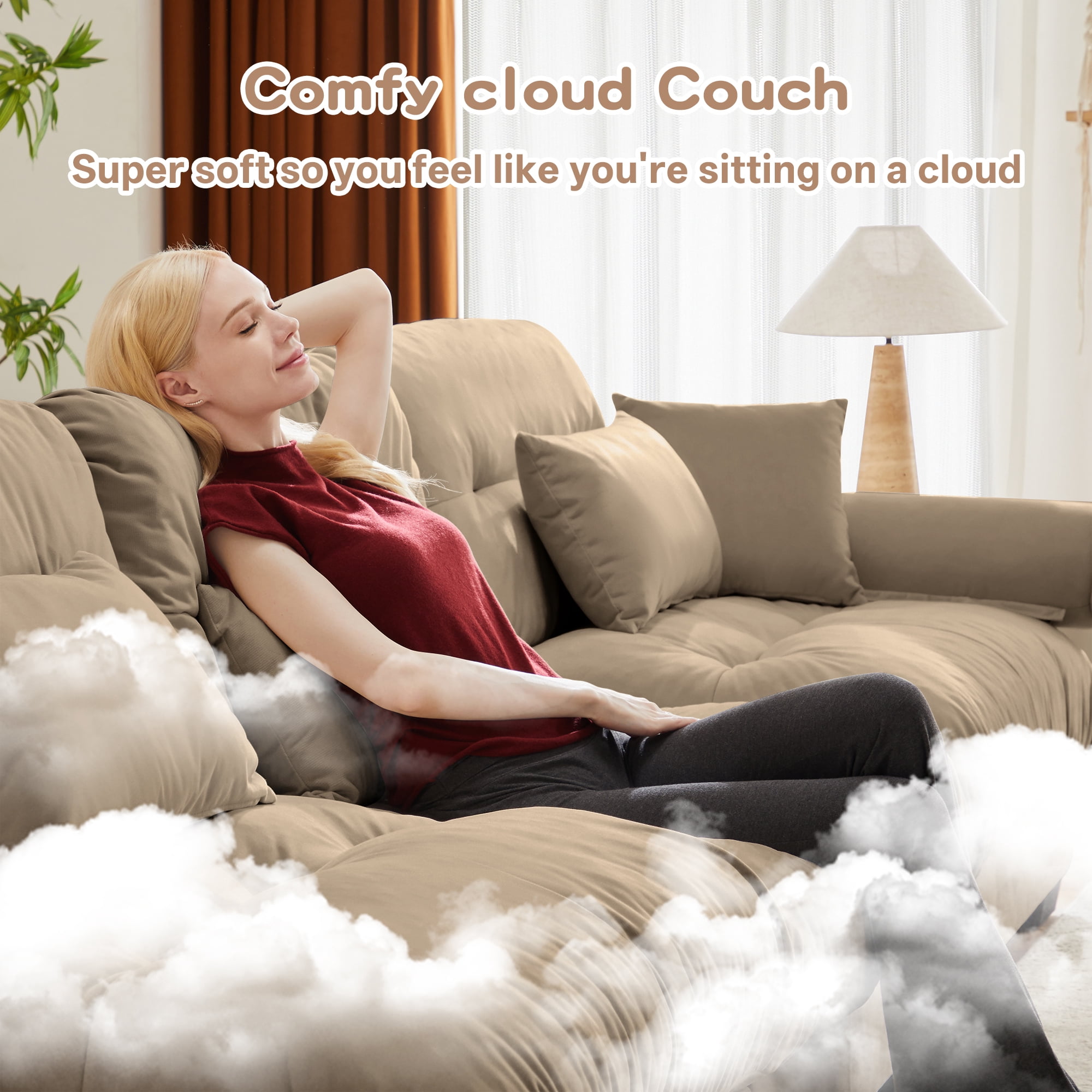 Alvantor L-Shaped Sectional Sofa 3-Seater Velvet Sofa Couch with Bolstered Armrests for Living Room, Easy Assembly Camel
