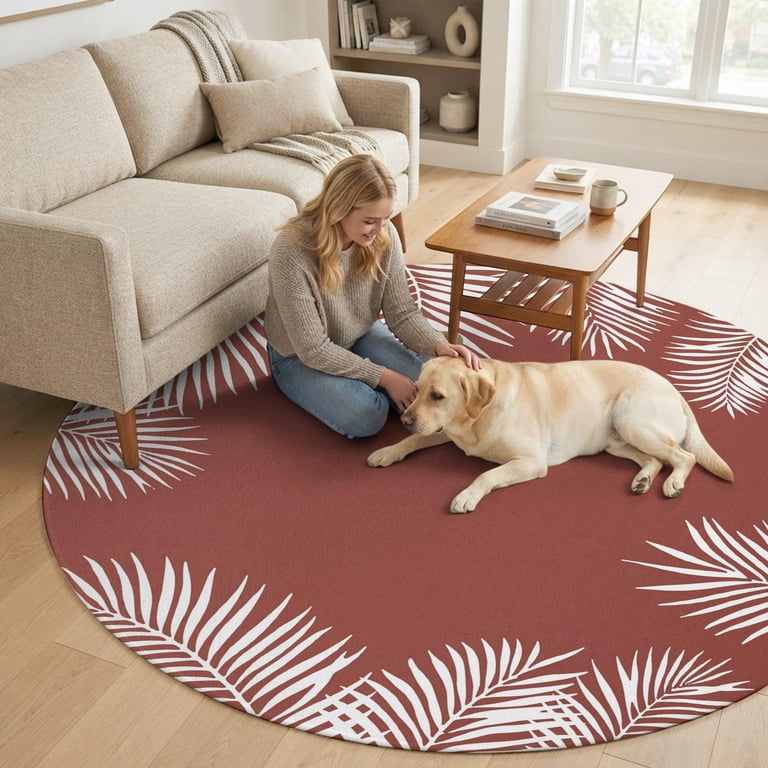 4ft Round Rug, Tropical Palm Leaves Non-Skid Rubber Backing Large Area ...