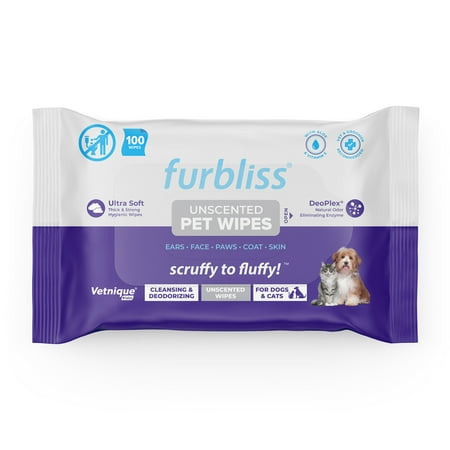 Vetnique Labs Furbliss Hygienic Pet Wipes for Dogs & Cats, Cleansing Grooming & Deodorizing Hypoallergenic Wipes with All Natural Deodorizer (Unscented, 100ct Pouch)