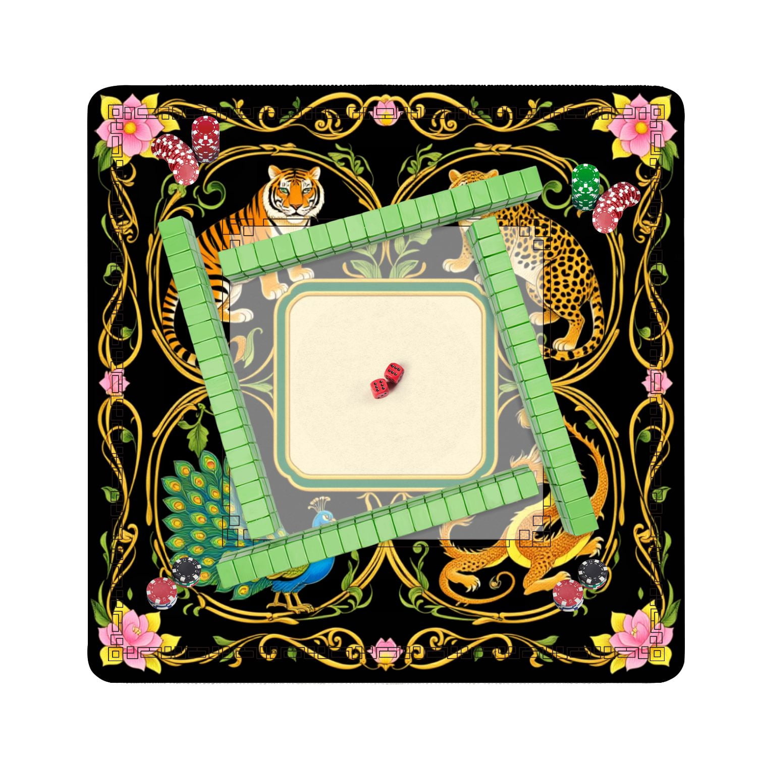 Mahjong Mat 31.5" x 31.5" Majestic Wildlife Mythical Creatures Vibrant Floral Frame Non-Slip Noise Reduction American Mahjong Tiles Table Cover for Dominoes Poker Card Board Games Gift