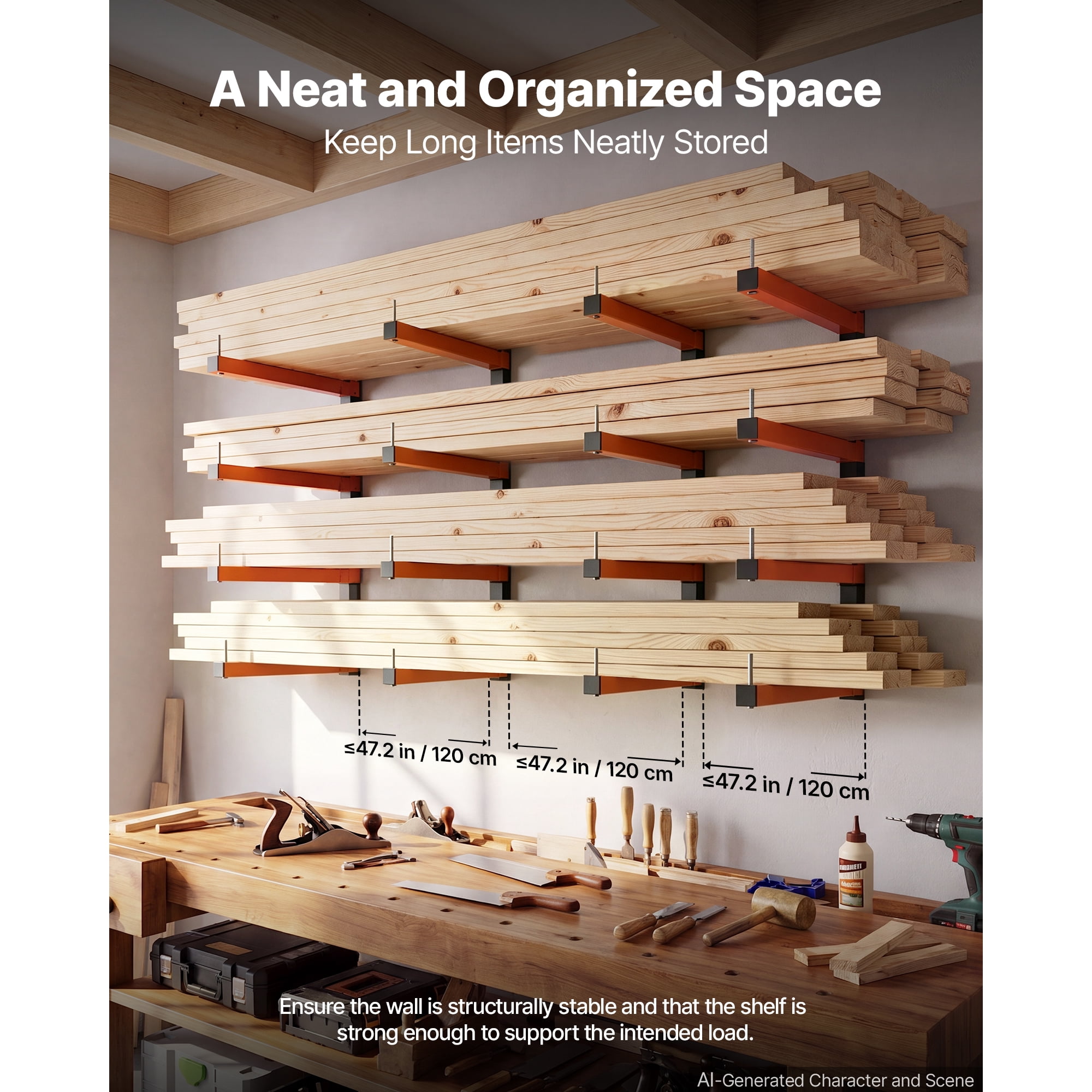 KFFKFF 4-Tier Lumber Rack,4-Pack with 110 lbs Capacity per Tier,Foldable Wall-Mounted Wood Storage for Garages,Workshops,Warehouses,Adjustable Cantilever Arms,Steel Construction,Orange & Black Design